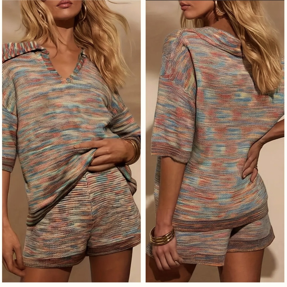 NWOT Chic Multicolor V-Neck Sweater & Shorts Set for Women. Size Large.